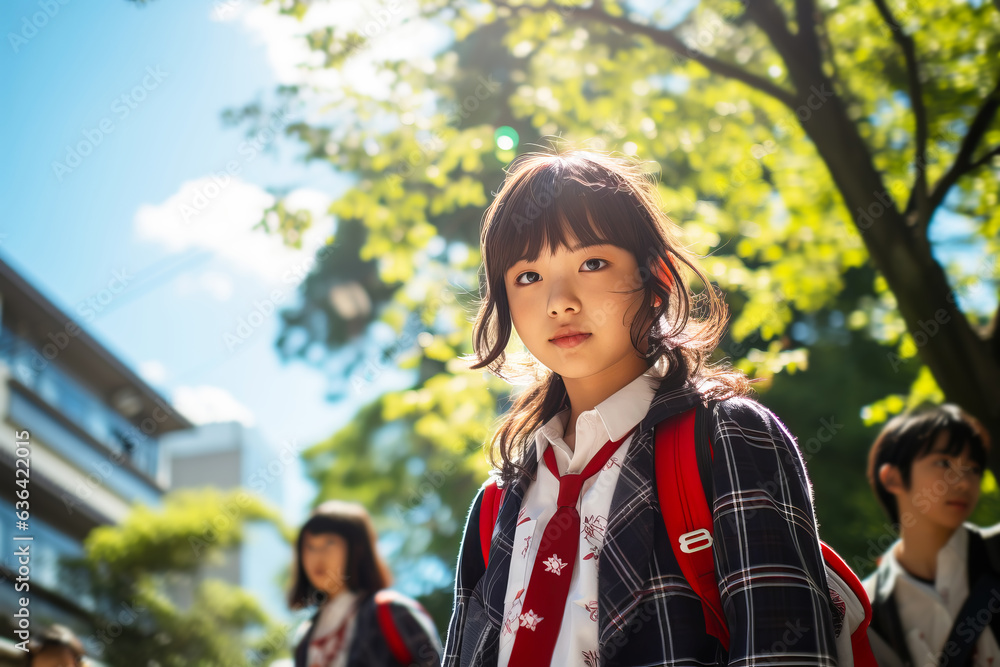Japanese schoolgirl in uniform and schoolchildren go to school on a sunny day. Japanese schoolgirl in uniform and schoolchildren go to school on a sunny day.