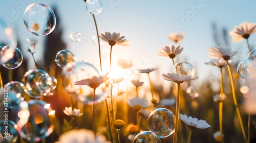 Multicolored wildflowers with soap bubbles, closeup. Nature background. Generative AI technology.