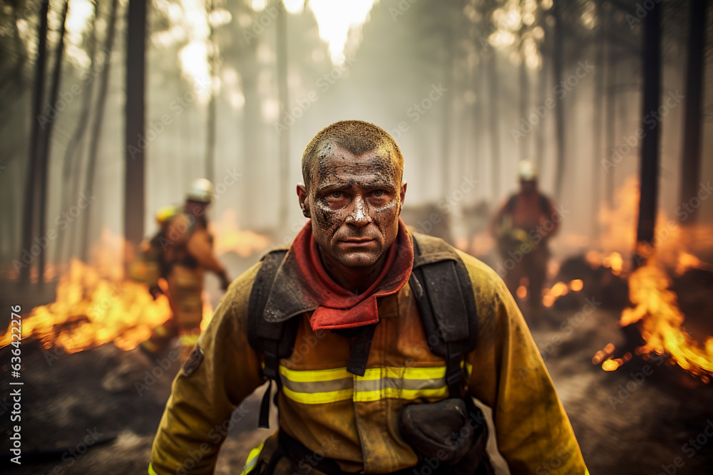 Generative AI illustration of a firefighter putting out a fire in the forest surrounded by flames Generative AI illustration of a firefighter putting out a fire in the forest surrounded by flames