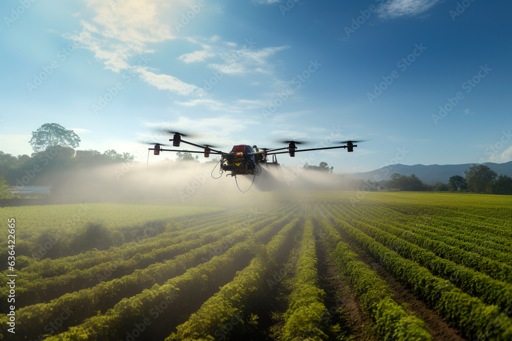 Generative Ai illustration of Drone flying and spraying crop fields with ecological and sustainable pesticides Generative Ai illustration of Drone flying and spraying crop fields with ecological and sustainable pesticides