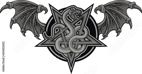 
occultic sign with pentogram and snake, grunge vintage design t shirts
