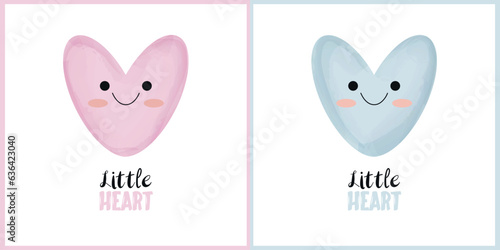 Cute nursery wall art set. Lovely pink and blue heart on a white background. Little heart beauty lettering. Vector Illustrations.