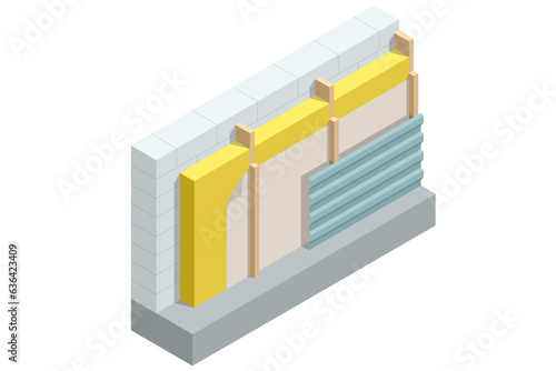Isometric thermal external Insulation brick wall. Homes energy efficiency. Improve the energy efficiency of your house, save on energy costs, invest in maintaining the value and living comfort of your