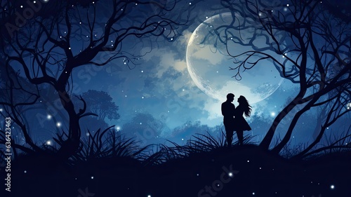 Silhouette of a happy couple facing each other under the moonlight, wishes for warm wedding embraces, layout for wedding marriage wishes and celebration background with copy space for text