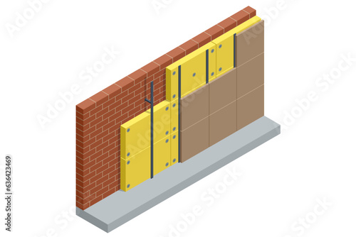 Isometric thermal external Insulation brick wall. Homes energy efficiency. Improve the energy efficiency of your house, save on energy costs, invest in maintaining the value and living comfort of your