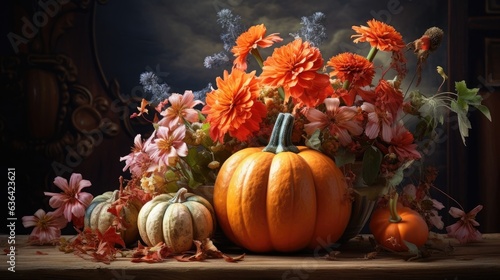 Composition autumn bouquet of flowers and pumpkin created with Generative AI technology © pvl0707