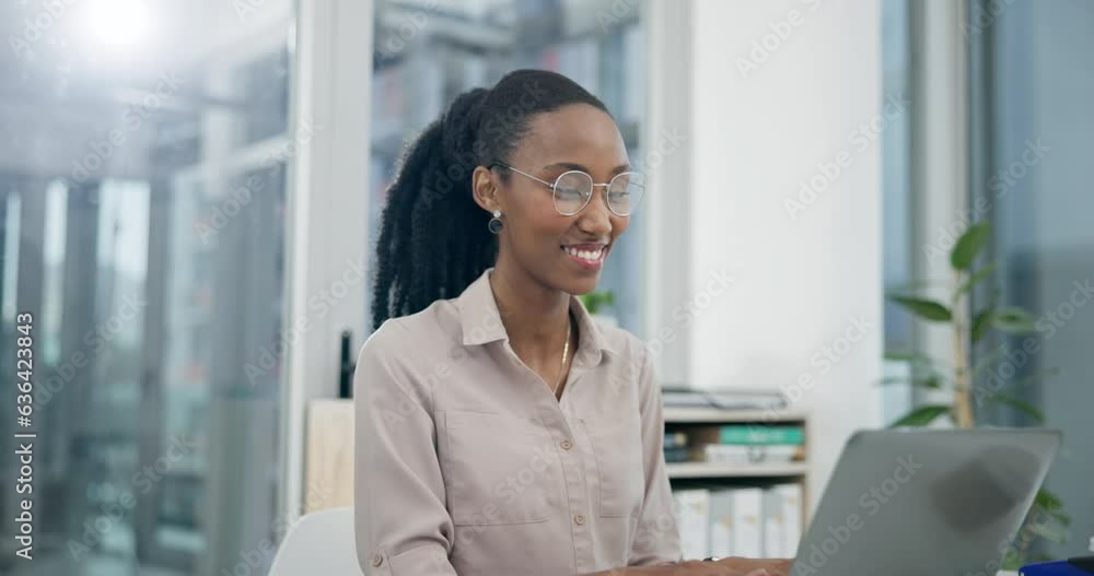 Happy, research and business with black woman and laptop in office for planning, website and email. Communication, network and internet with employee in agency for technology, information or proposal Happy, research and business with black woman and laptop in office for planning, website and email. Communication, network and internet with employee in agency for technology, information or proposal