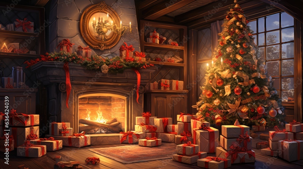 christmas tree with christmas gift stack in a cozy living room setting, with a warm fireplace glowing in the background, evoking the holiday spirit christmas tree with christmas gift stack in a cozy living room setting, with a warm fireplace glowing in the background, evoking the holiday spirit