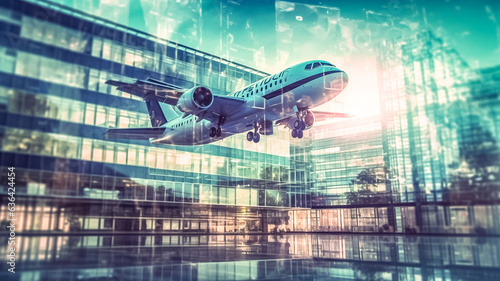 Image à double exposition sur le thème de l'avion, l'aéroport, le voyage - Générative iA