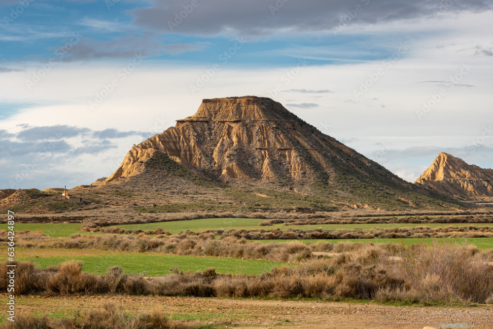 Picturesque view of dry grass growing in desert valley in Bardenas Reales in Navarra in Spain