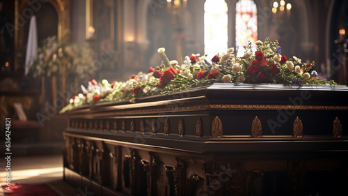 Funeral white wooden handmade coffin church cathedral service floral decoration white flowers bouquets © Alina Nikitaeva