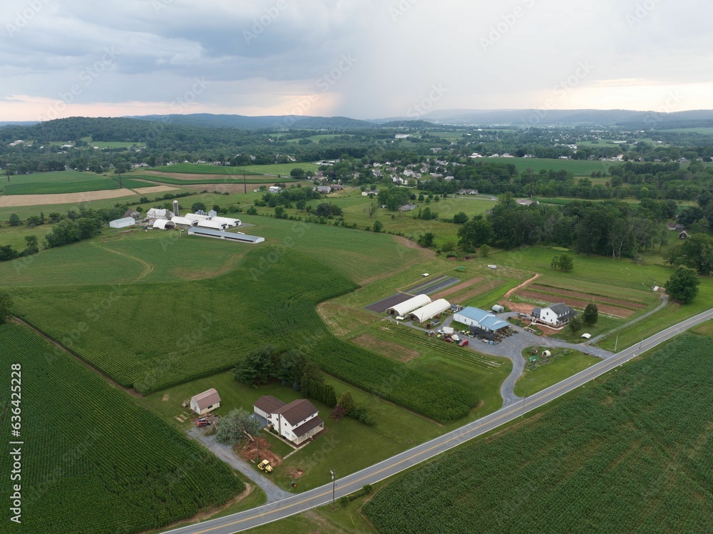 Aerial view of a rural community surrounded by farmland and located close to a road