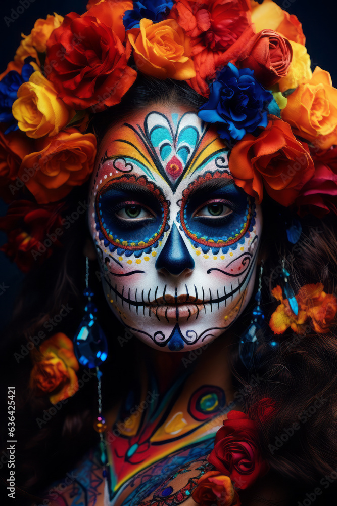 Portrait of a woman in a Dias de los Muertos skull make-up, crown of flowers and body paint