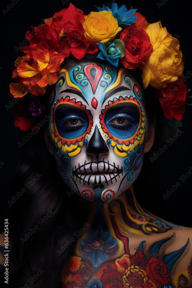 Portrait of a woman in a Dias de los Muertos skull make-up, crown of flowers and body paint