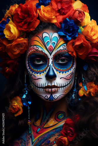 Portrait of a woman in a Dias de los Muertos skull make-up, crown of flowers and body paint © Schizarty