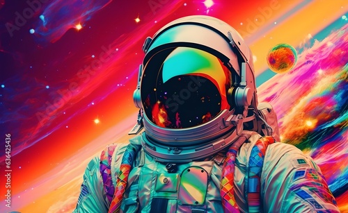 Astronaut, virant bright neon colors, bioluminescent. Colorfull bright surface with space background.