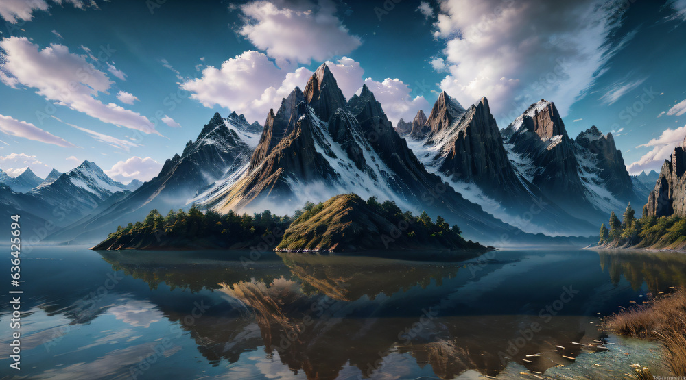 Lake with snowy alps in the background, wallpaper, background, Generative Ai.