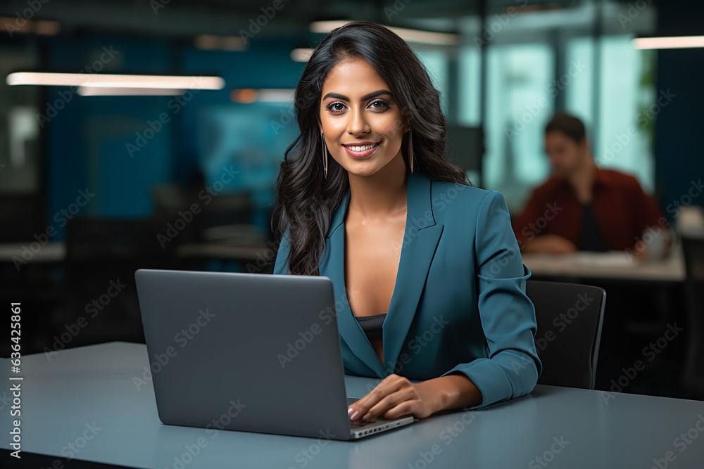 Female web developer sitting with a laptop in an office Female web developer sitting with a laptop in an office