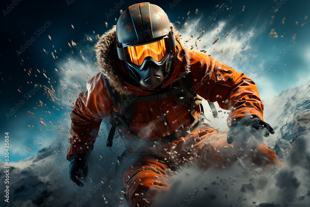 Obraz premium skier in a mountain jacket and helmet with skis
