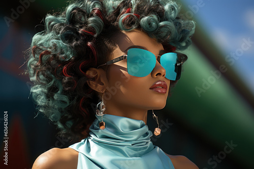 Young Woman Showcasing Sunglasses with Colorful Lenses, Embracing Trendercore & Playful Pop Aesthetics. photo