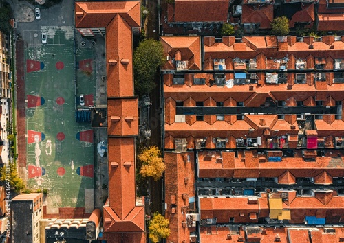 an aerial view of a street surrounded by buildings in the city photo