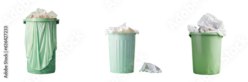 Isolated light green bin with white bag on transparent background