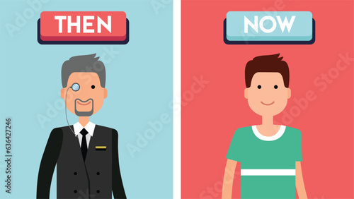 Stylized cartoon old and young man on colored background. Comparison Old times and modernity - gentleman and hipster. Then and now buttons. Vector Flat cartoon illustration EPS 10