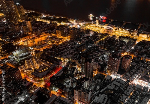 Aerial shot of a city night scene after snow in Wuhan, China.
