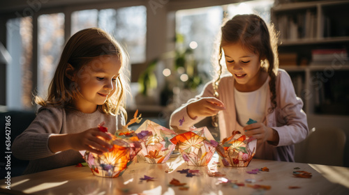 Children making chinese lanterns at home