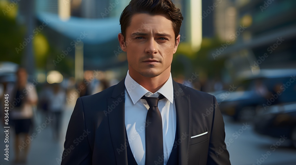 Business man standing on the sidewalk. Handsome young man in a business suit on the street. Business man standing on the sidewalk. Handsome young man in a business suit on the street.