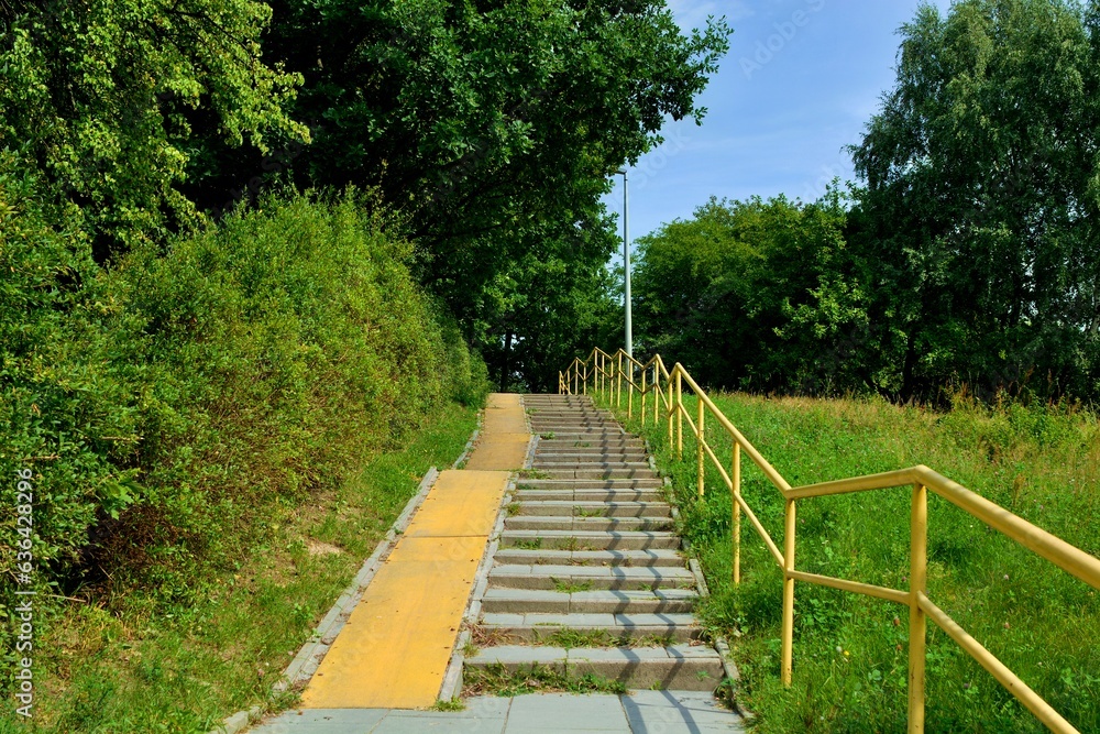 Steep stairs leading up a hill with a metal handrail in the middle of lush green trees in summer