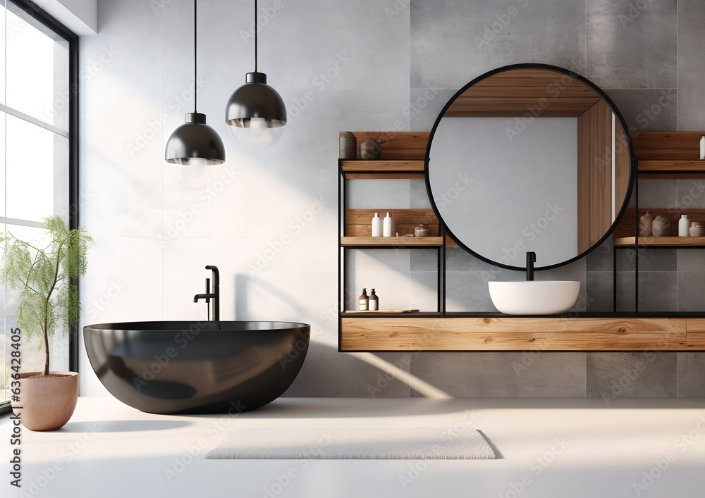 Luxurious modern dark bathroom interior, generative ai