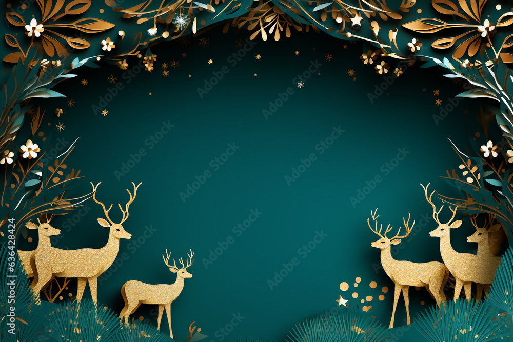paper cut style Christmas themed emerald green card with golden deer, ornate paper cut style Christmas themed emerald green card with golden deer, ornate