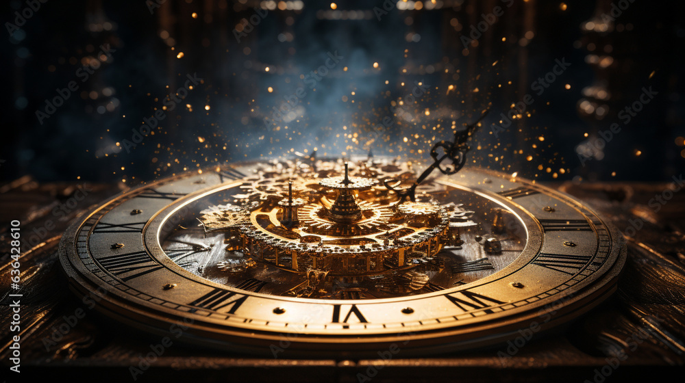An artistic composition of a clock face, its hands approaching midnight, symbolizing the transition from the old year to the new 