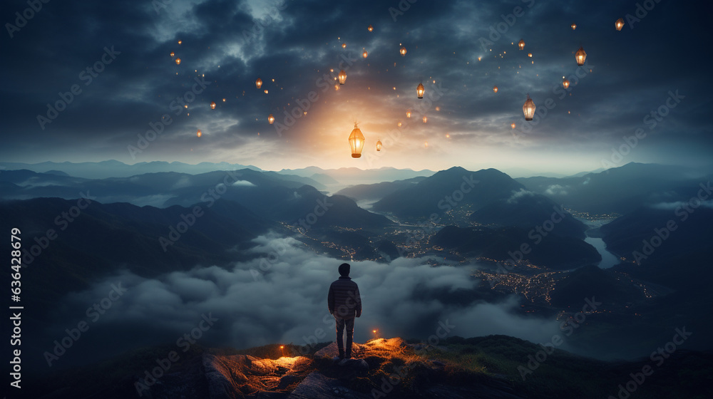 A creative shot of a person's silhouette standing atop a mountain peak, holding a glowing lantern to welcome the New Year 
