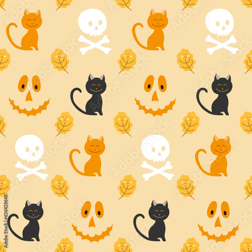 Halloween seamless pattern with black and orange cats, skull and crossbones, pumpkin smile and oak leaves on a light yellow background. Vector illustration for making fabric, wallpaper, wrapping.