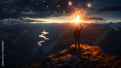 A creative shot of a person s silhouette standing atop a mountain peak  holding a glowing lantern to welcome the New Year 