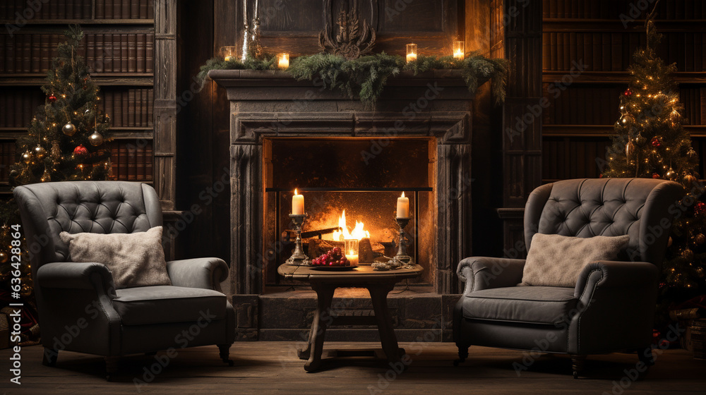 A cozy interior scene with a crackling fireplace and plush chairs, creating the perfect ambiance for New Year's reflections and resolutions 