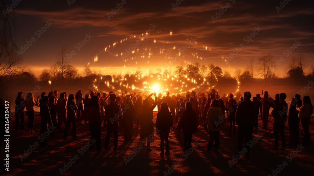 A heartwarming scene of people forming a circle and holding hands, their silhouettes illuminated by the warm glow of a bonfire 