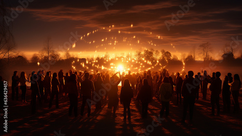 A heartwarming scene of people forming a circle and holding hands, their silhouettes illuminated by the warm glow of a bonfire  © Наталья Евтехова