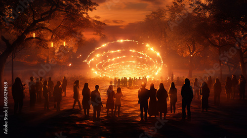 A heartwarming scene of people forming a circle and holding hands, their silhouettes illuminated by the warm glow of a bonfire 