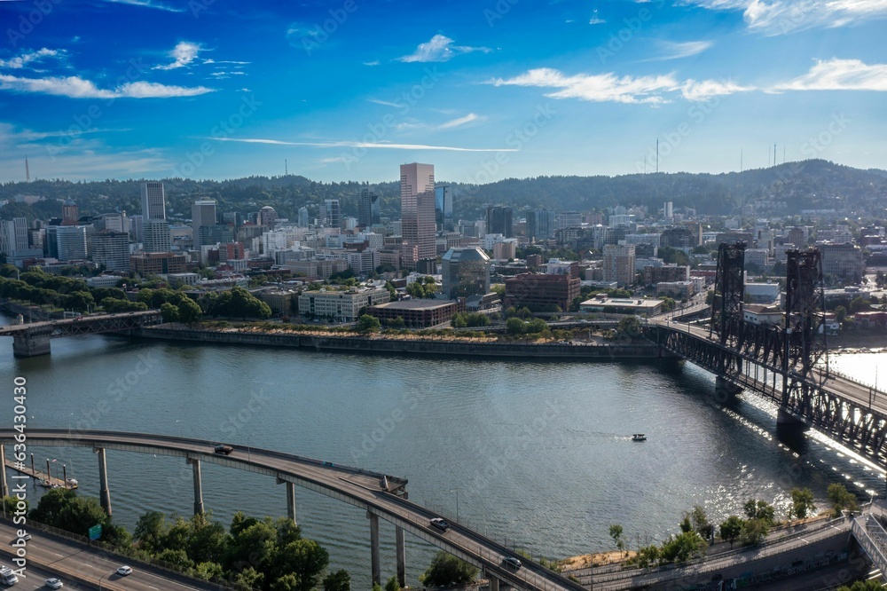 Aerial view of Portland East Side of the Willamette River Downtown on a sunny day