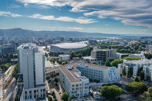 Aerial view of Portland East Side of the Willamette River Downtown on a sunny day