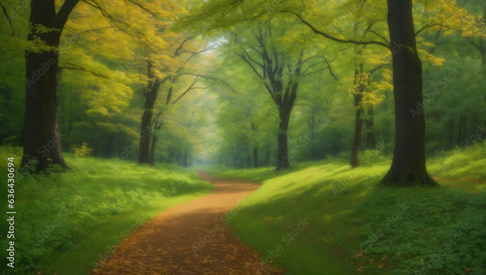 Naklejka premium Tranquil Forest Trail: A Journey Through Nature's Canopy