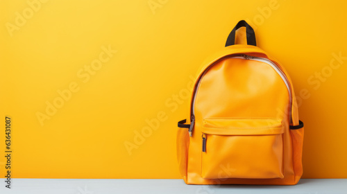 School backpack ready under the yellow wall with copy space