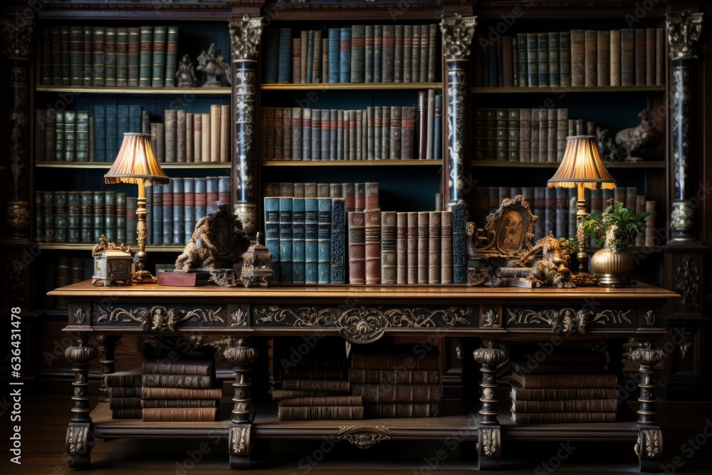 bookcase with antique books in an old abandoned mansion