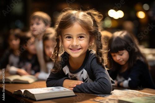 joyful young girl with a bright smile participates in a group reading session in her classroom