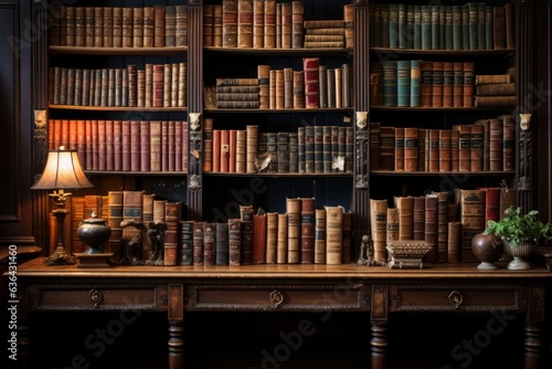bookcase with antique books in an old abandoned mansion