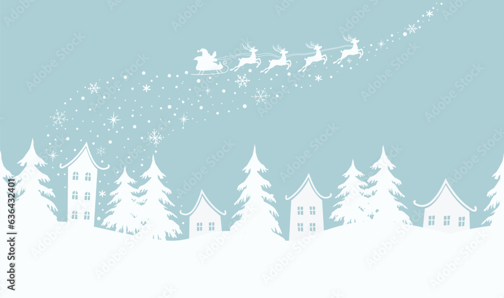 Christmas background. Winter village. Seamless border. Fairy tale winter landscape. Santa Claus is riding across the sky on deer with plume. White houses, fir trees on light blue background. Vector