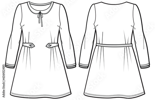Girl's Peter pan collar dress design flat sketch fashion illustration vector template with front and back view, Toddler baby girl long sleeve Aline frock dress cad drawing